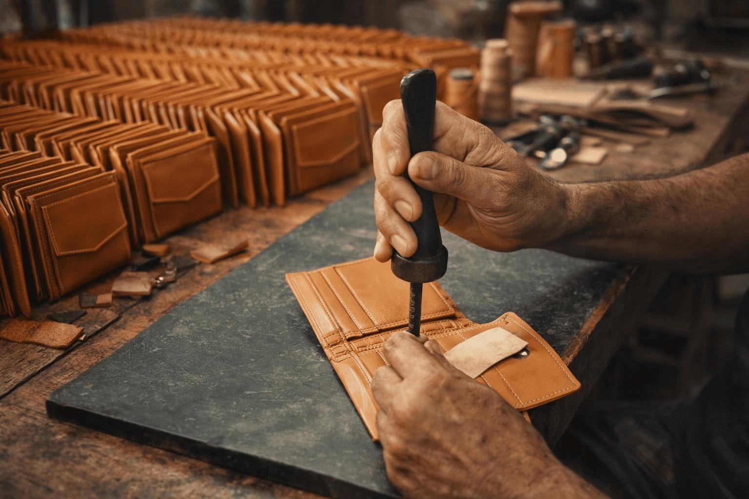 Leather wallet manufacturing process by skilled artisan in Indian workshop